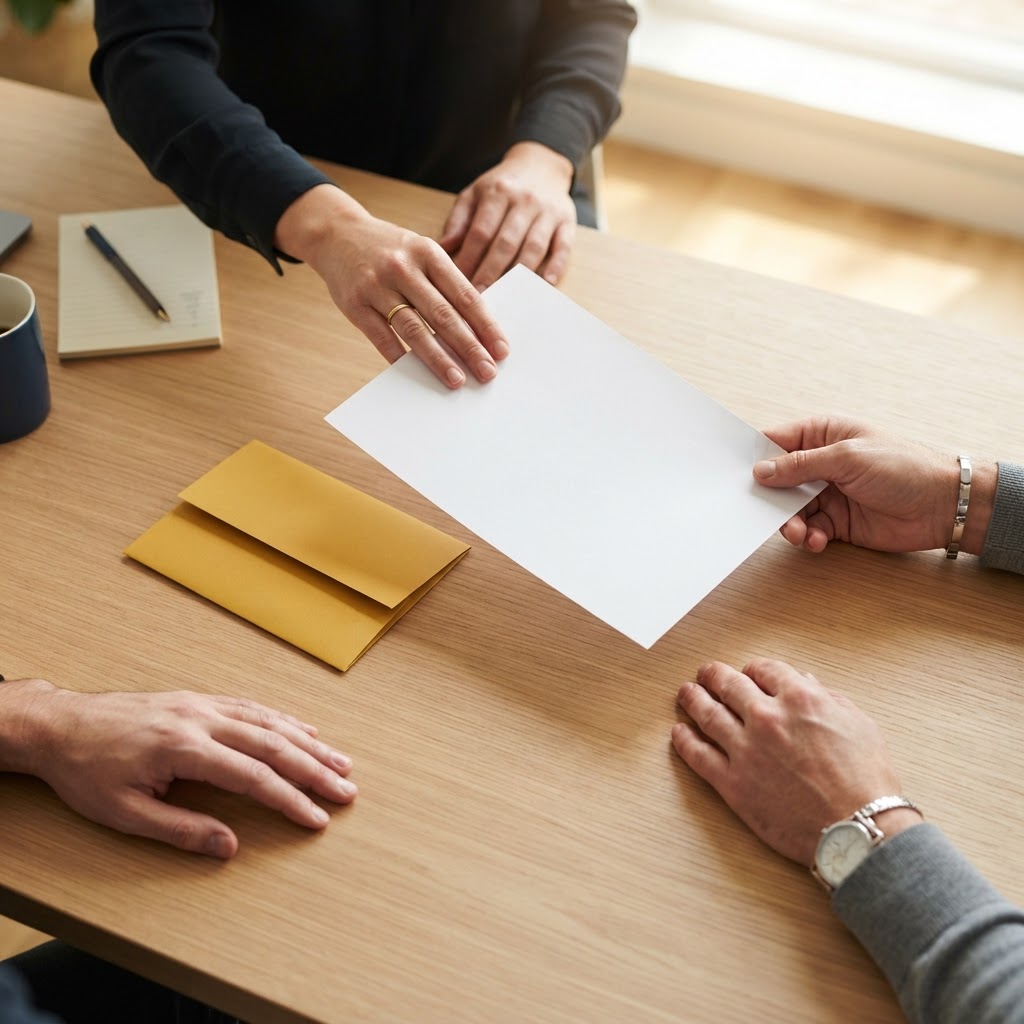 Hands passing a document on a clean desk
