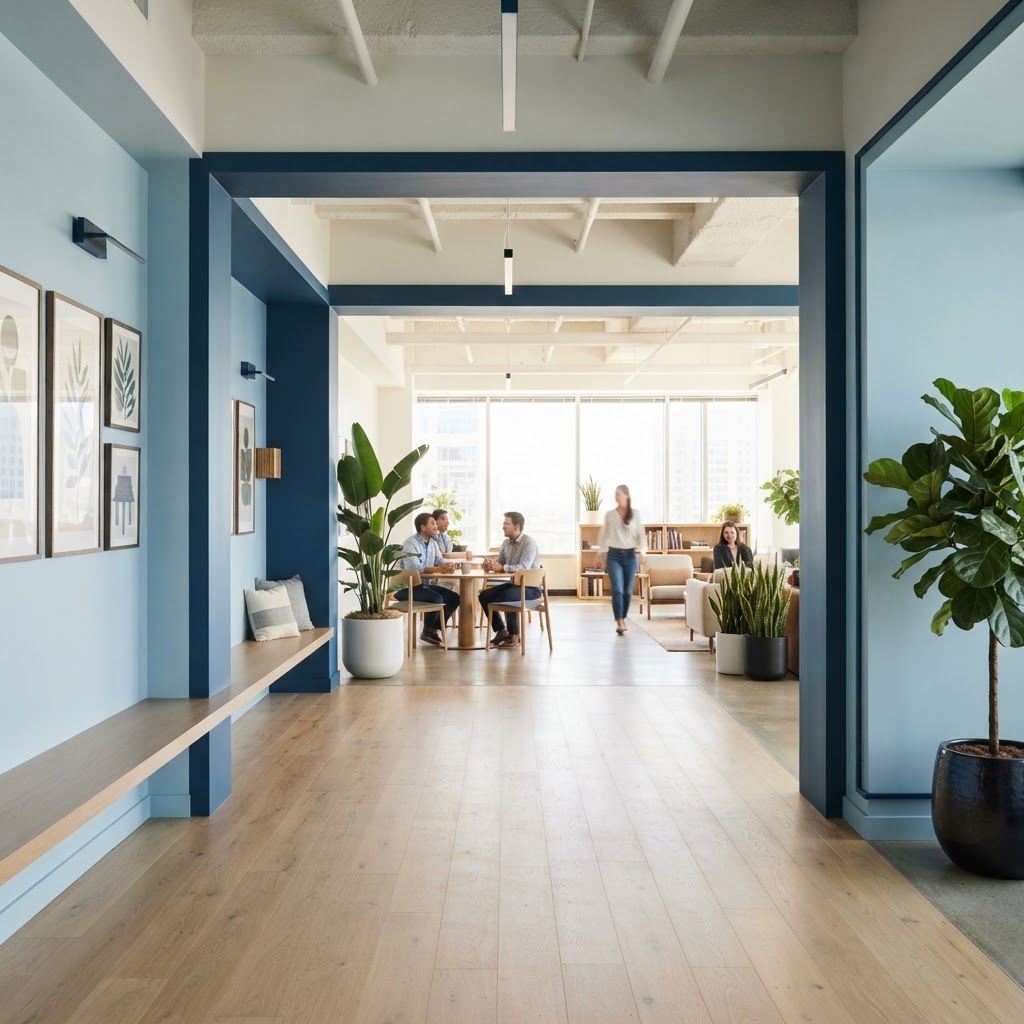 Modern bright and airy minimalist office hallway