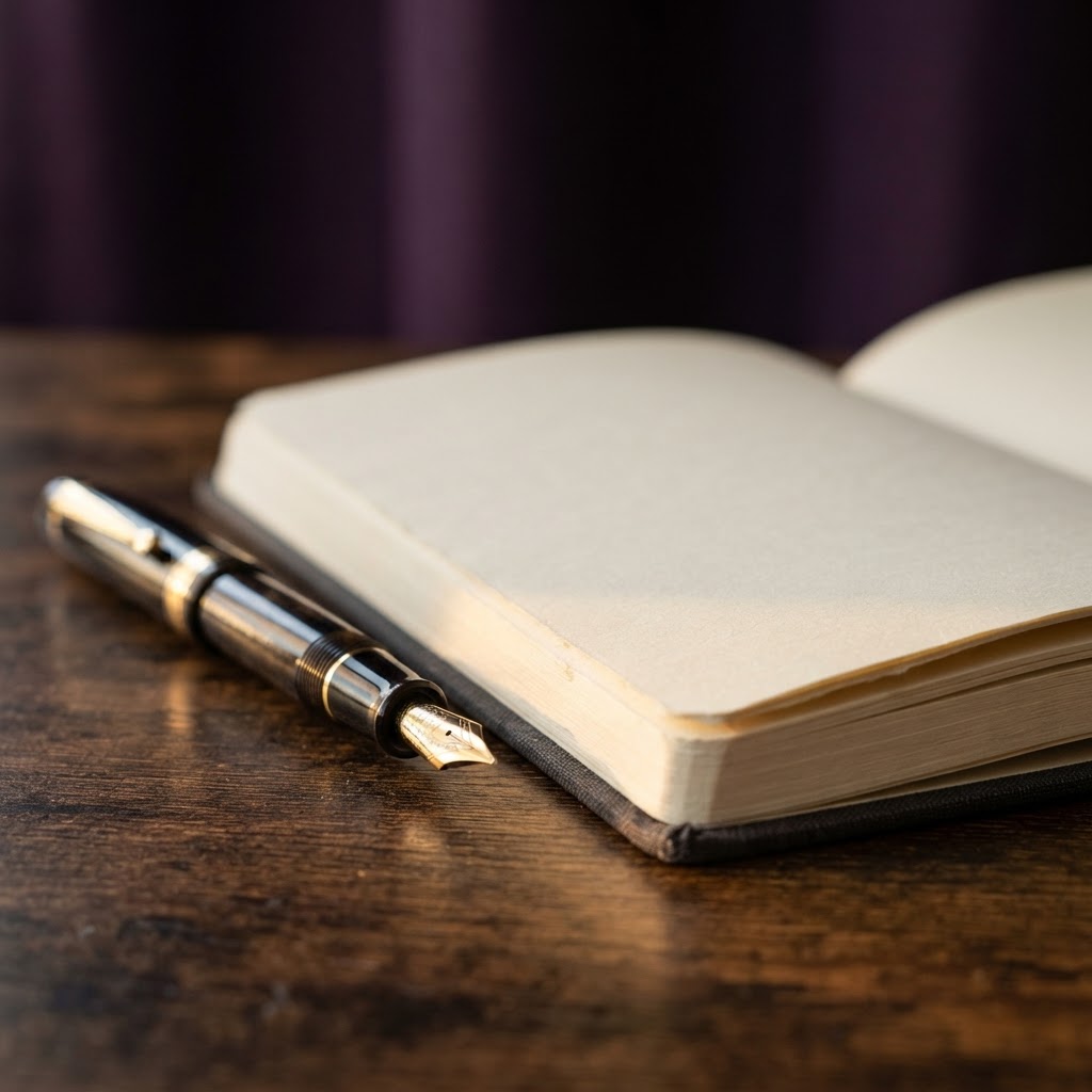 A fountain pen and an open notebook on a clean desk