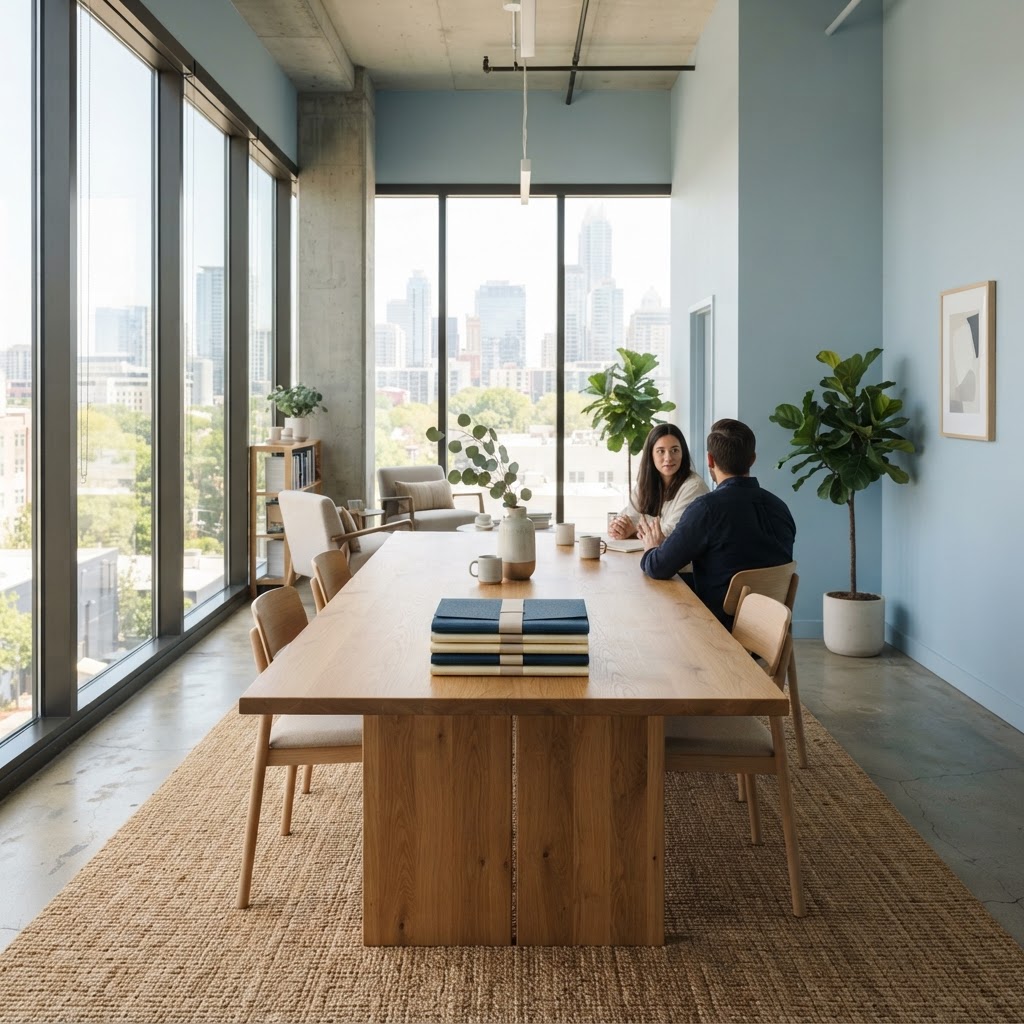A sunlit modern office interior with organized folders on a large wooden table