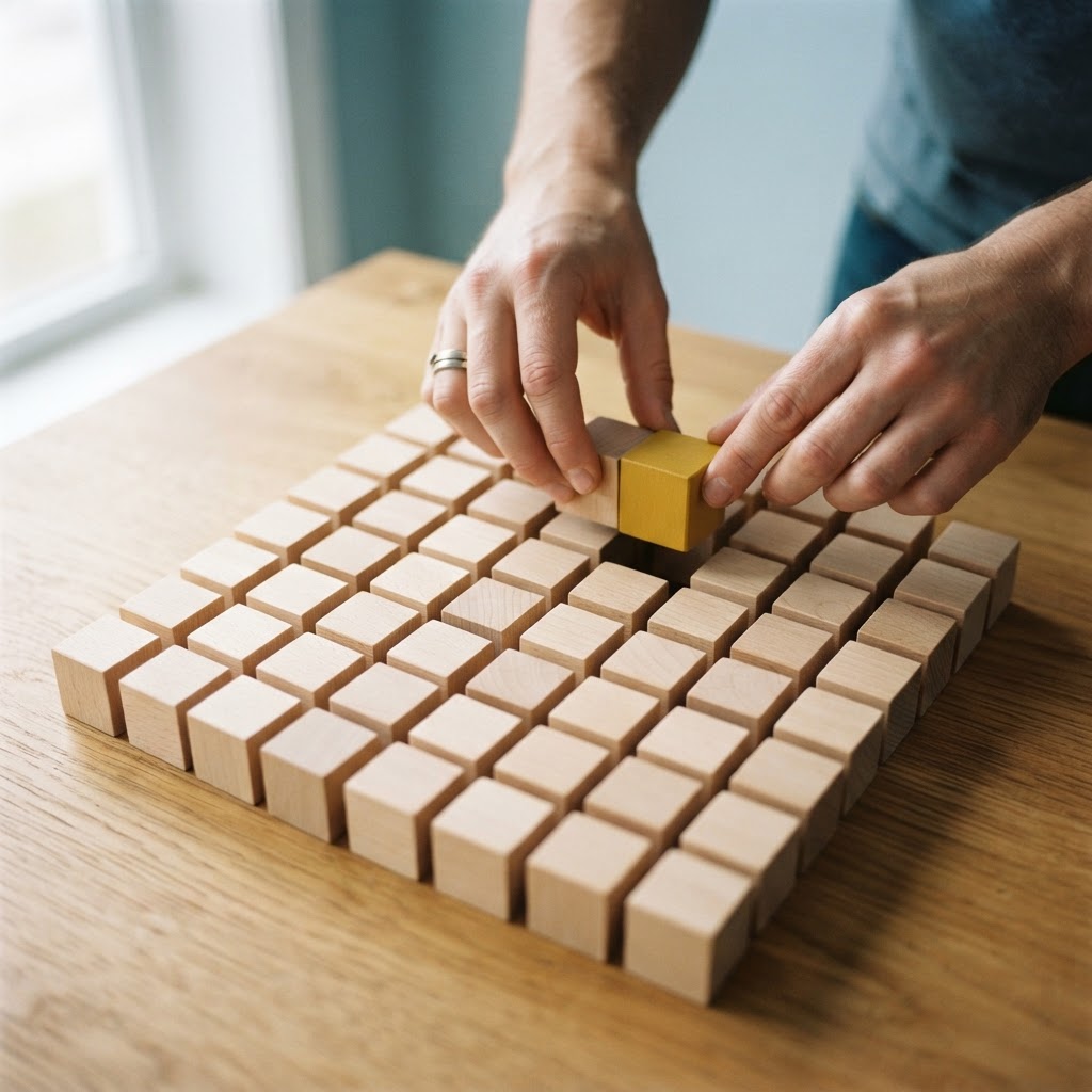 Hands organizing wooden blocks to represent structured human connection