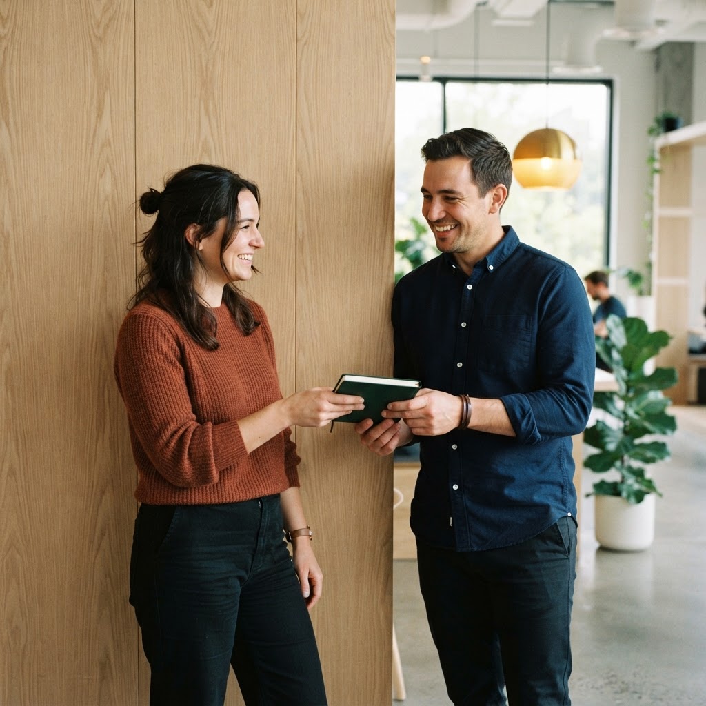 Two colleagues exchanging a notebook in a bright and friendly office