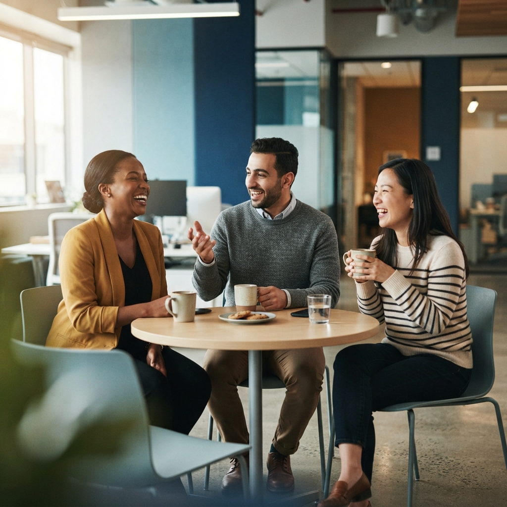 Team members laughing together in a modern office