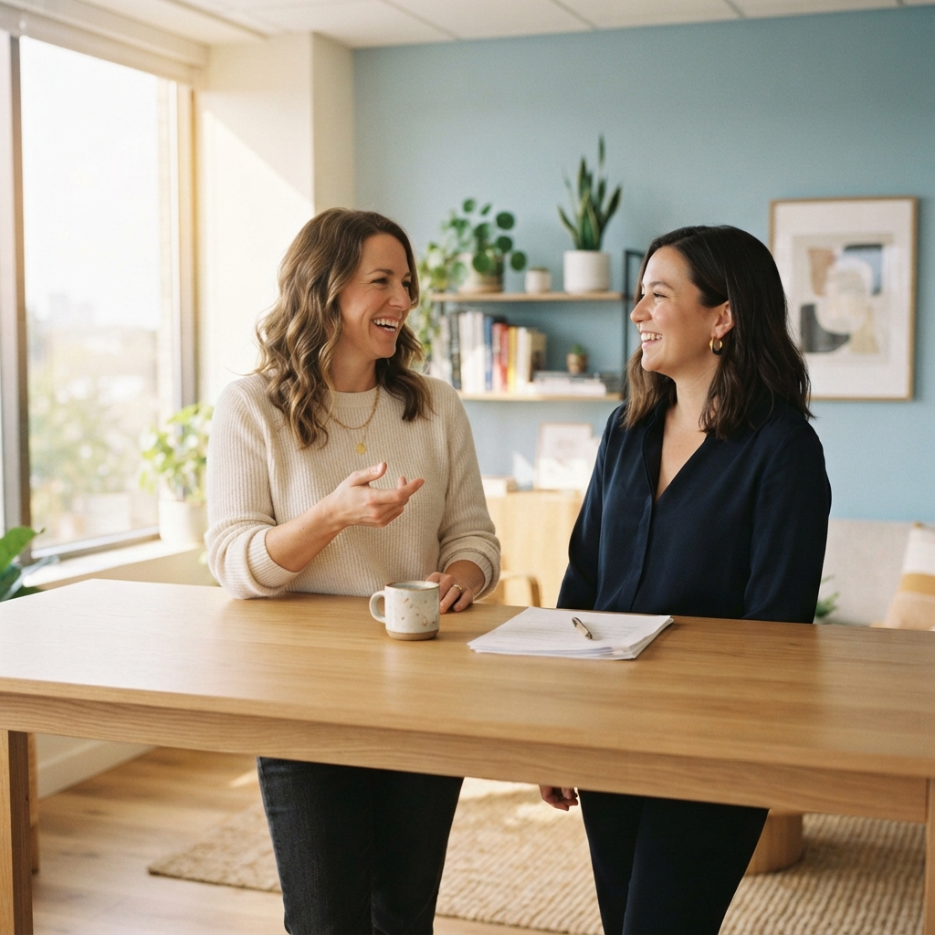 Two colleagues having a relaxed conversation in a bright office
