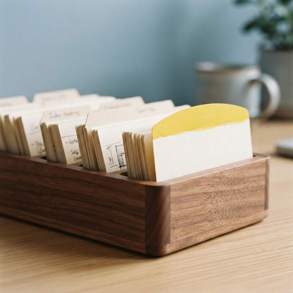 Close up of a wooden card organizer on a desk