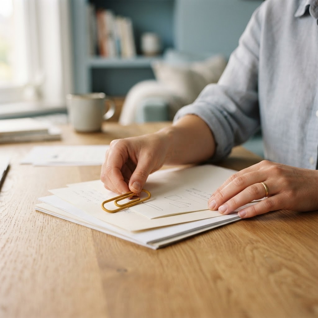 Hands neatly organizing documents with a golden paperclip