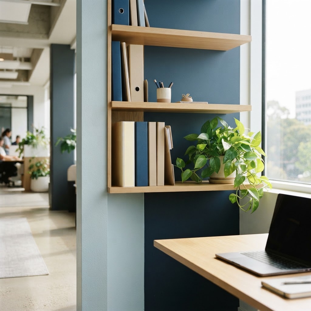 Organized folders on a minimalist wooden shelf