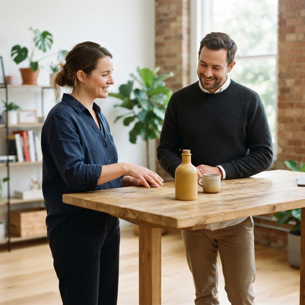 Two colleagues having a friendly conversation in an office