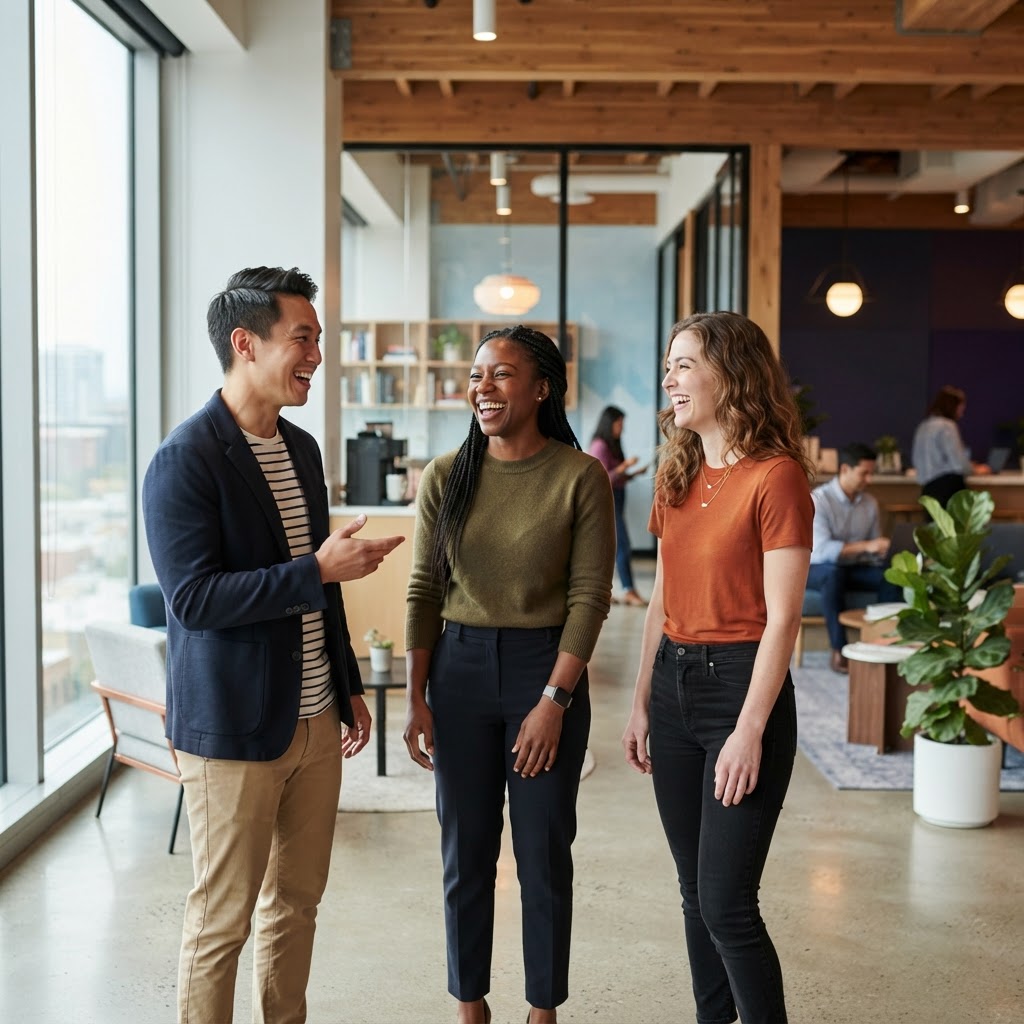 Diverse team laughing together in a modern bright office