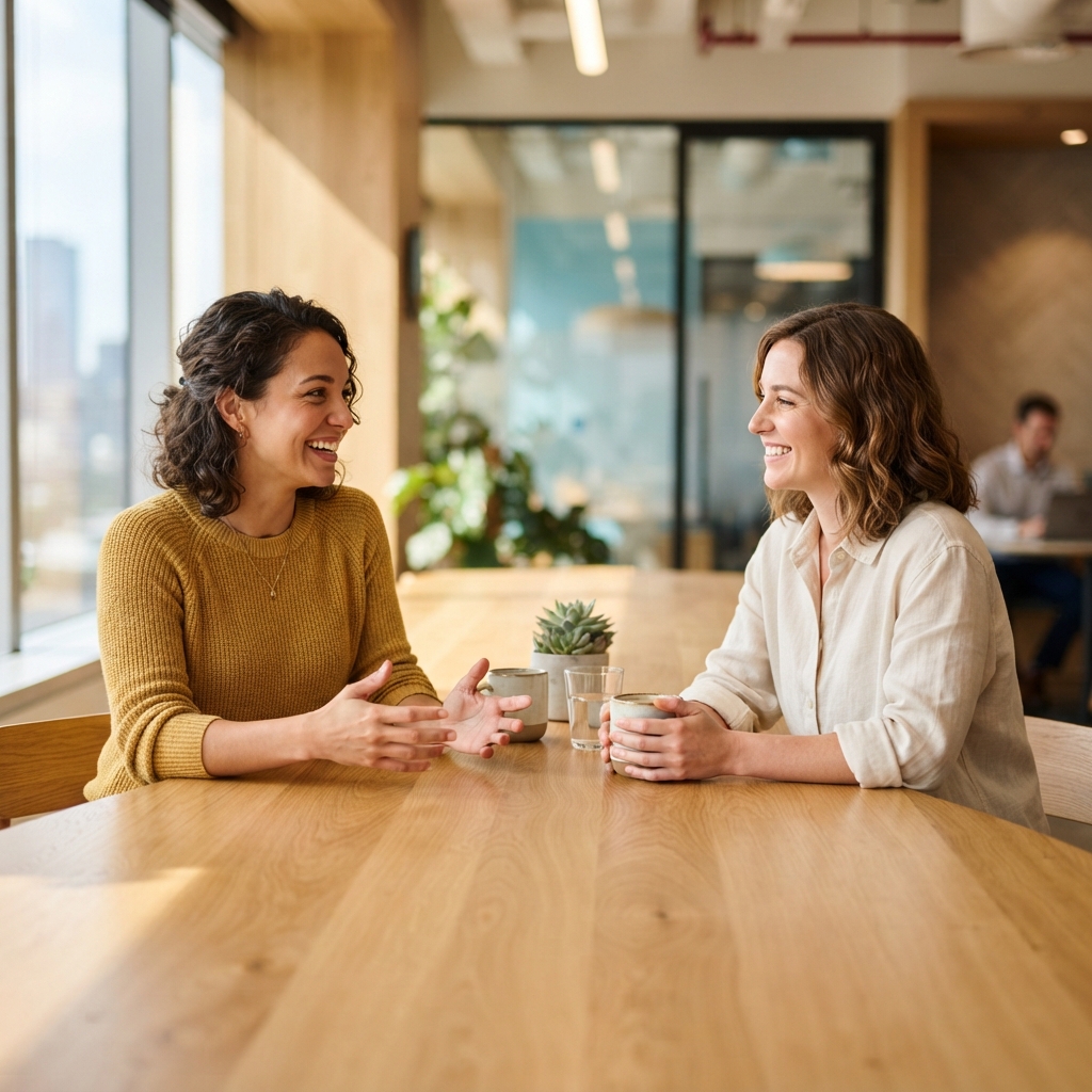 Two colleagues having a friendly conversation in a bright office
