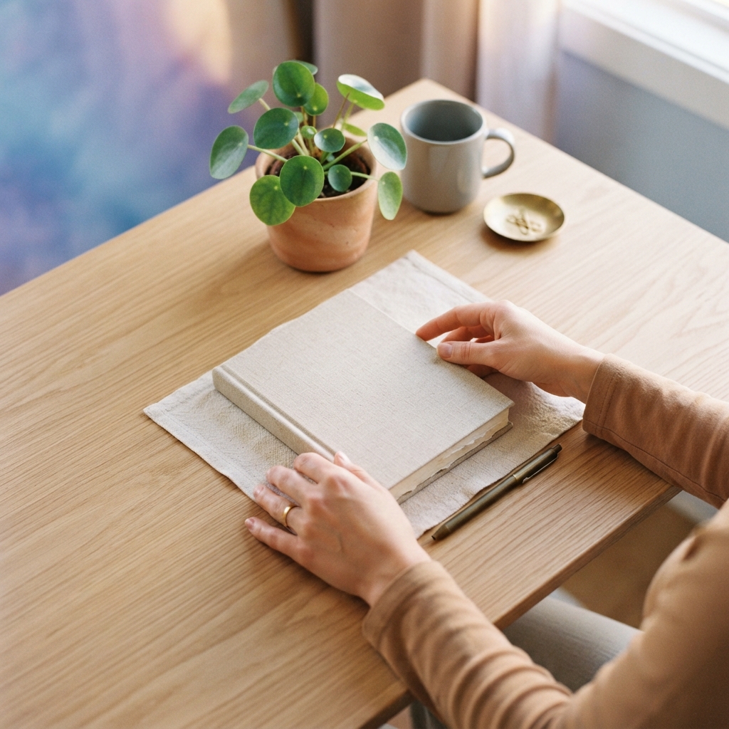 Clean organized workspace with hands arranging items