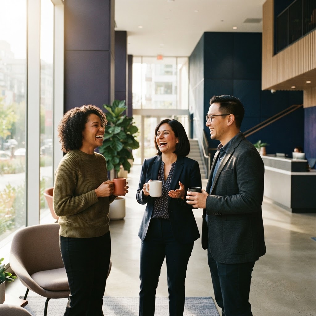 Diverse team laughing and chatting in a bright office