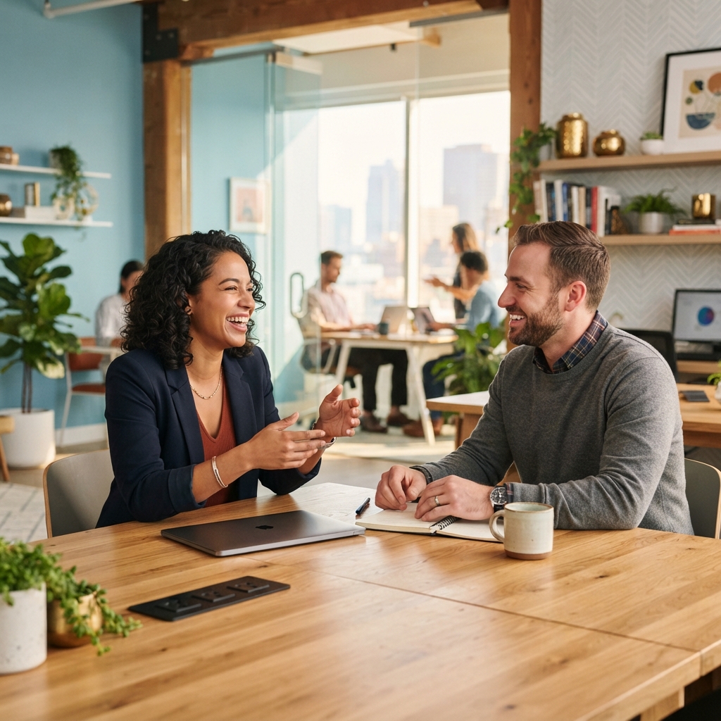 Founder and operations lead talking in a modern office
