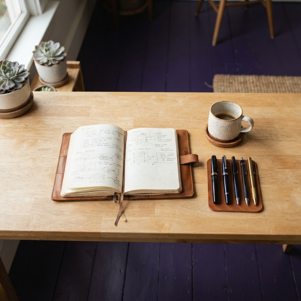 An organized and clean workspace desk with a journal