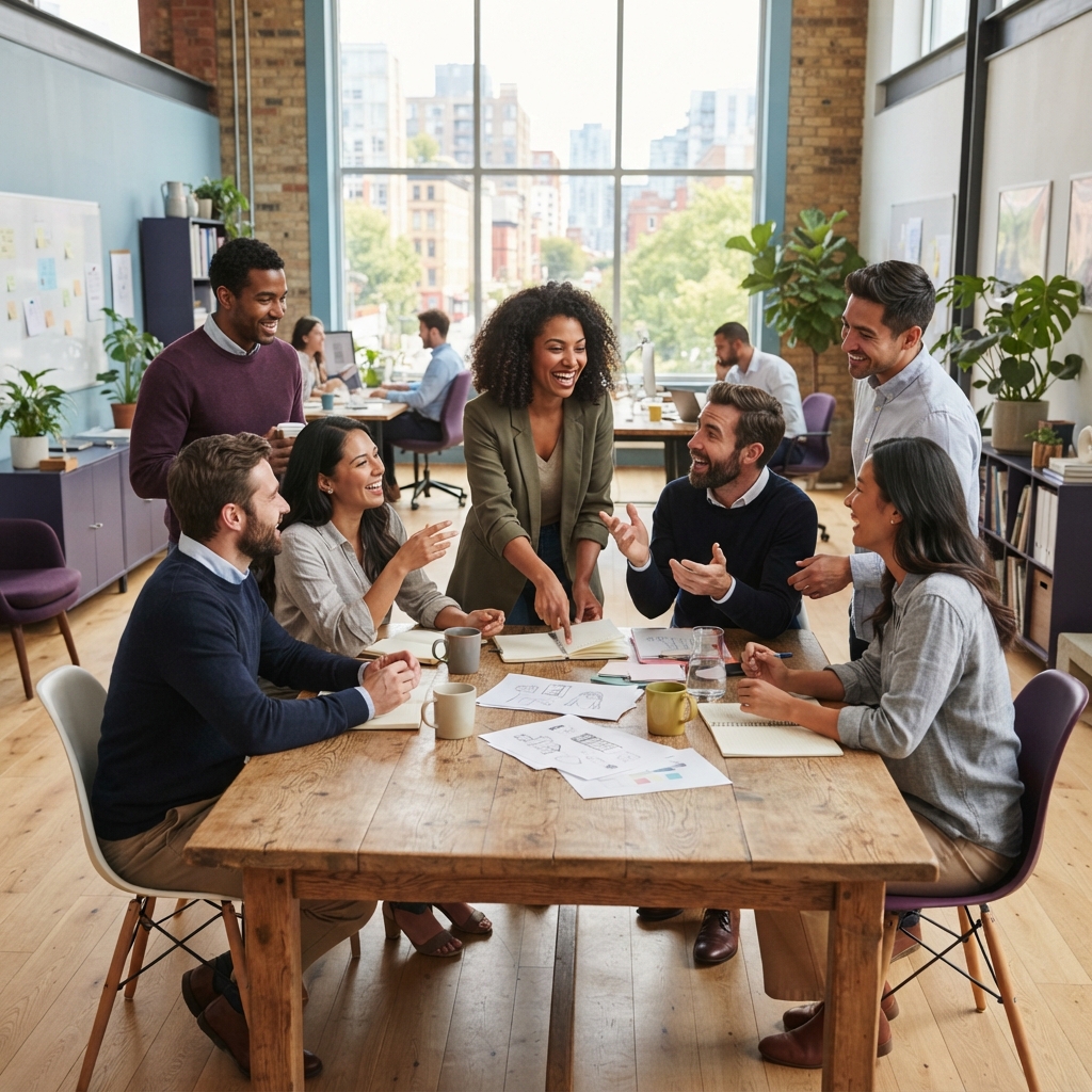 Diverse team collaborating in a bright modern office