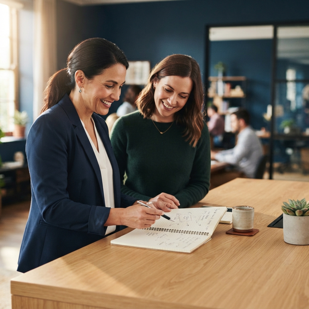 Two colleagues discussing plans in a friendly office setting