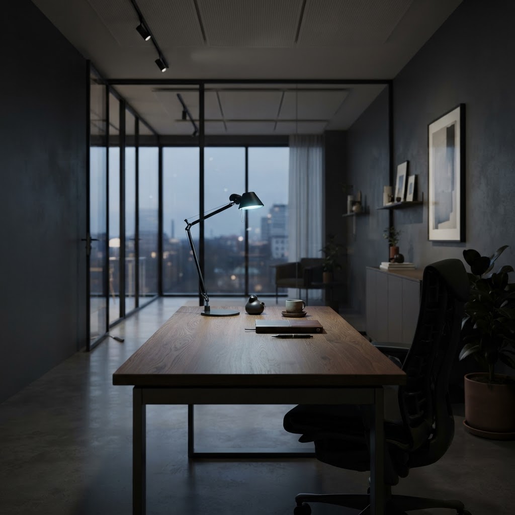 Minimalist architectural workspace with clean lines and soft lighting