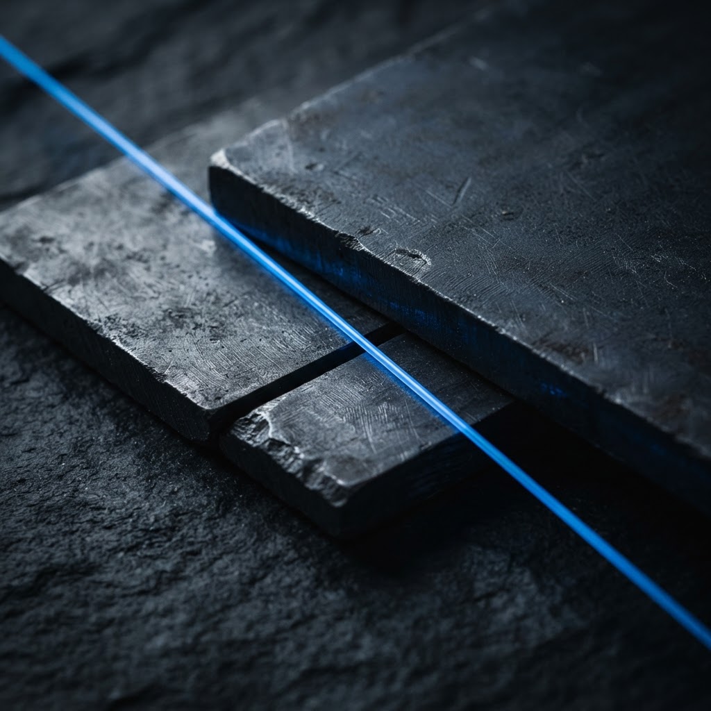 Macro view of navy steel plates with electric blue cable
