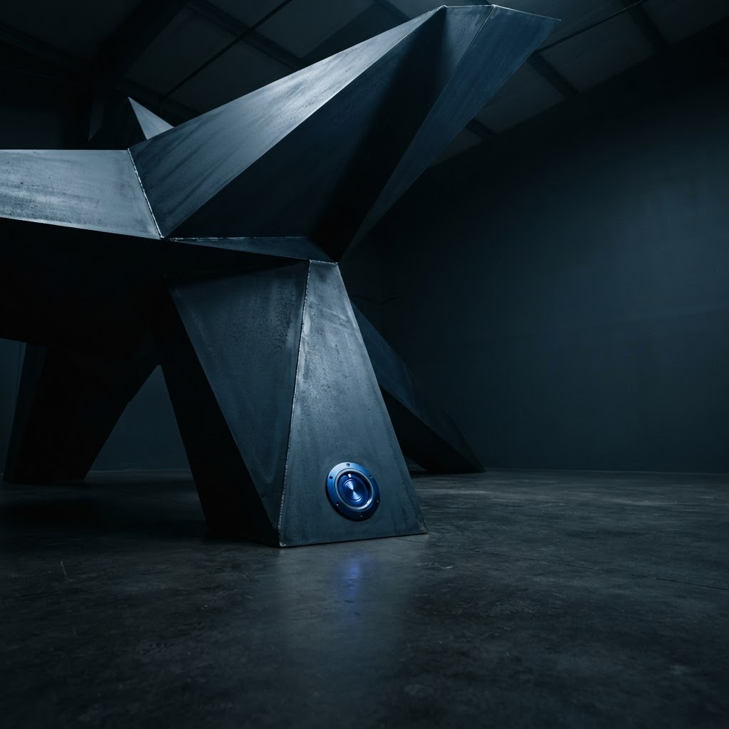 Navy steel geometric structure with a glowing blue port
