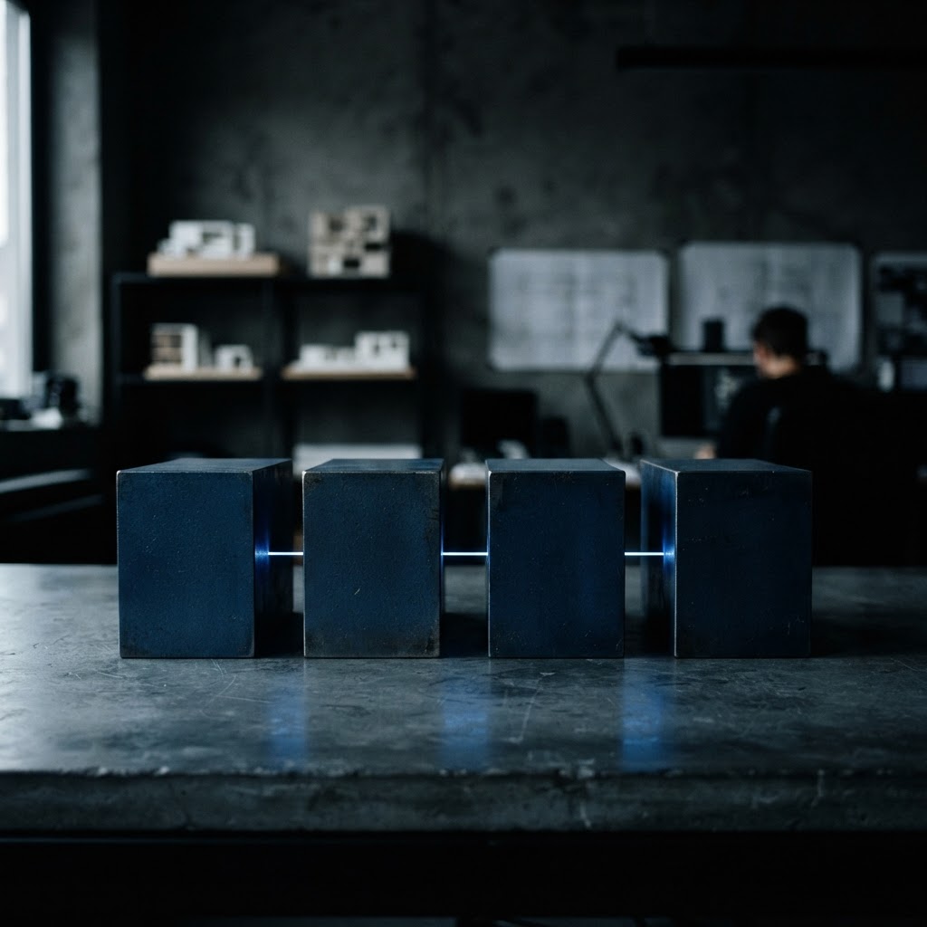 Series of navy steel blocks connected by blue light filaments