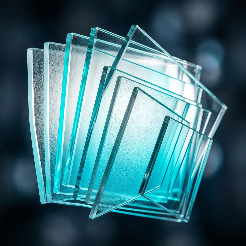 Backlit layered glass planes with cyan luminescence