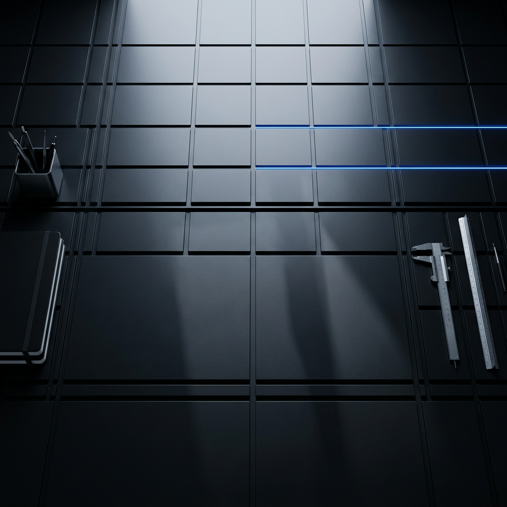 Overhead modular workspace with grid pattern and blue accent