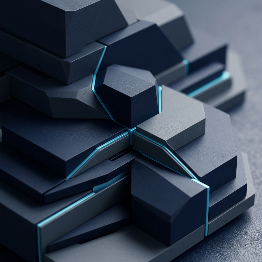 Stacked geometric components with cyan highlights