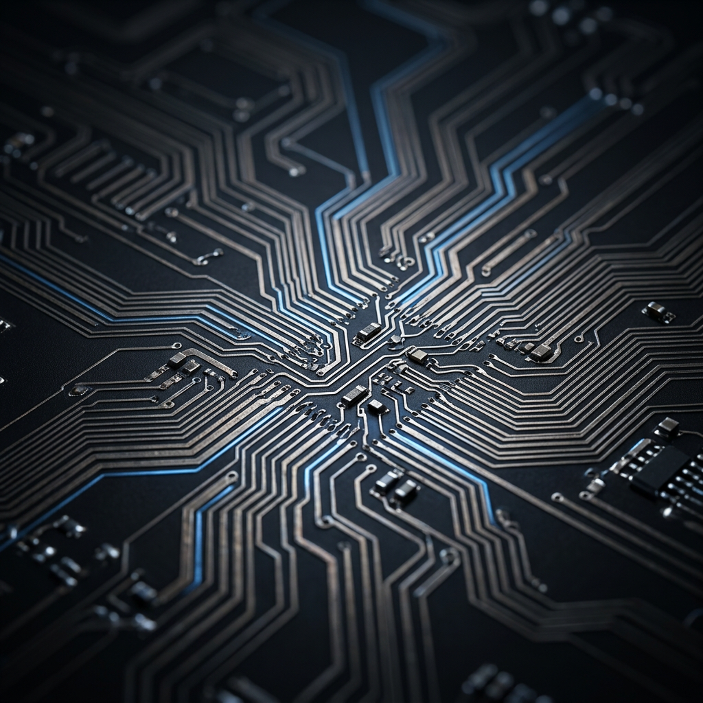 Circuit board trace network with blue accent lighting