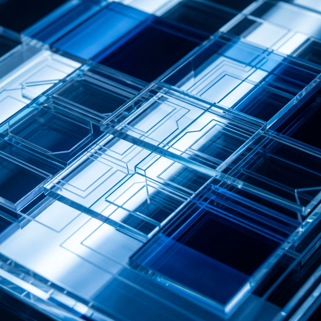 Layered transparent elements with blue backlighting