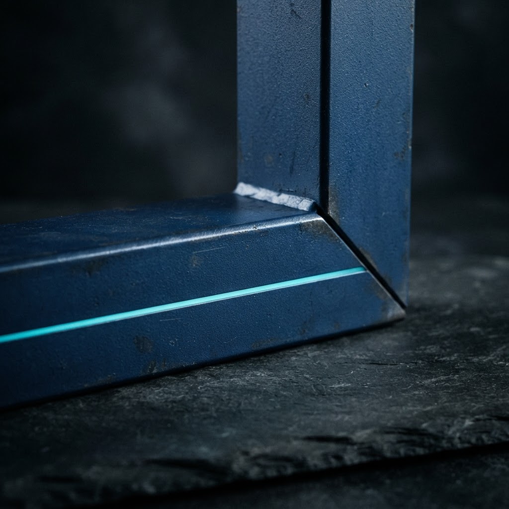 Intersecting matte navy steel beams with cyan accent line