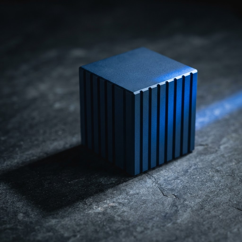 Matte navy steel cube with vertical grooves and blue light spill