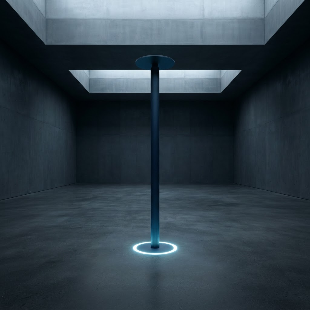 Minimalist matte navy steel pillar with cyan glowing base