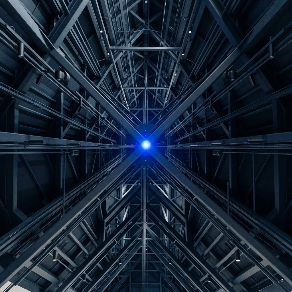 Geometric architectural ceiling structure with a blue light accent