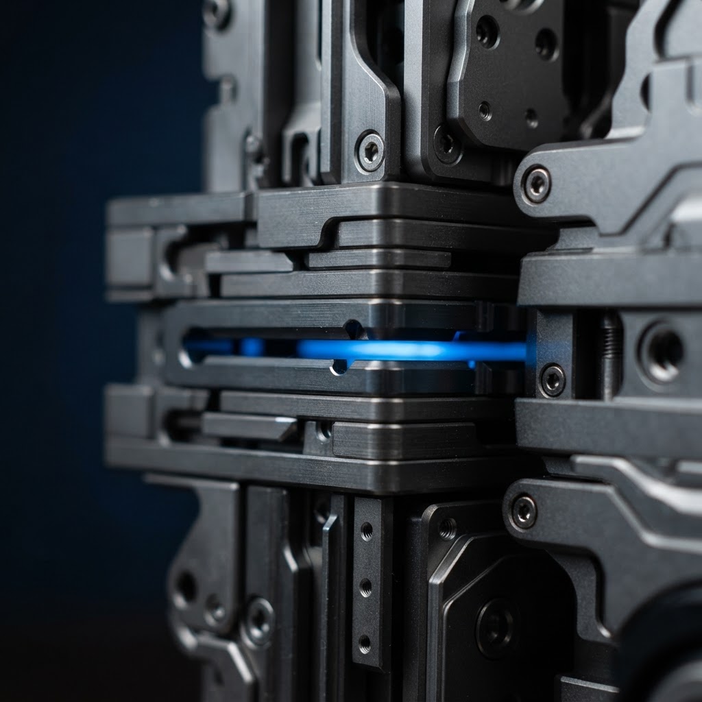Macro view of interlocking industrial metal components with blue light