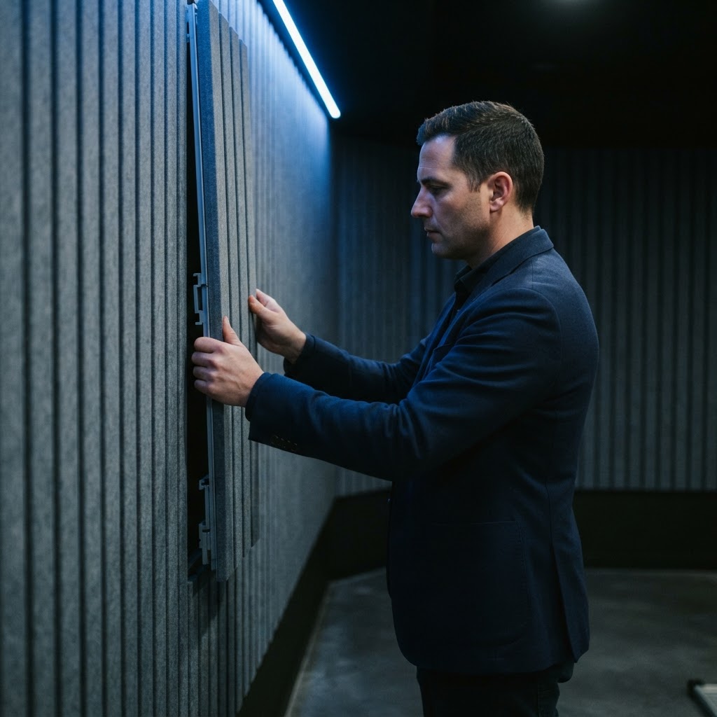 Person adjusting precise wall panels in a professional studio