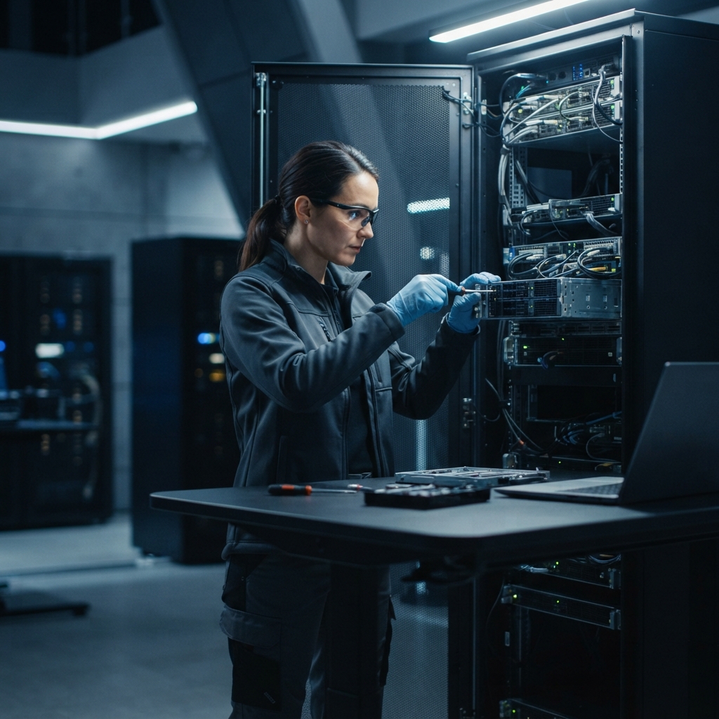 Engineer assembling modular hardware in a modern workspace