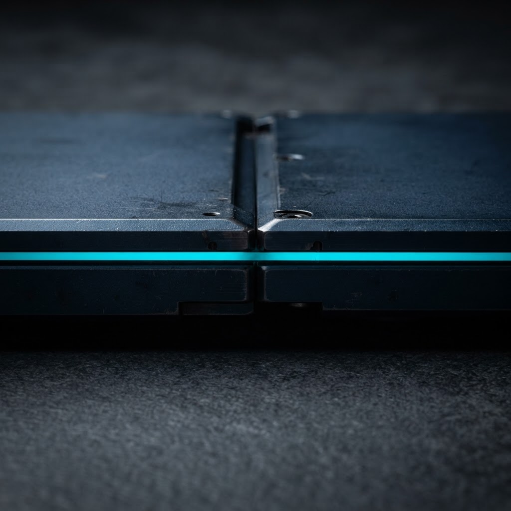 Macro view of interlocking steel plates with luminous cyan accent
