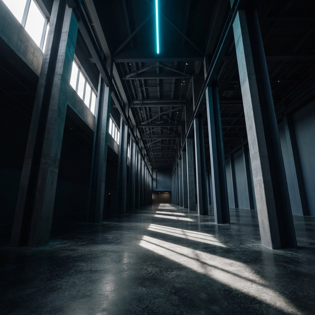 Minimalist architectural space with sharp geometric shadows