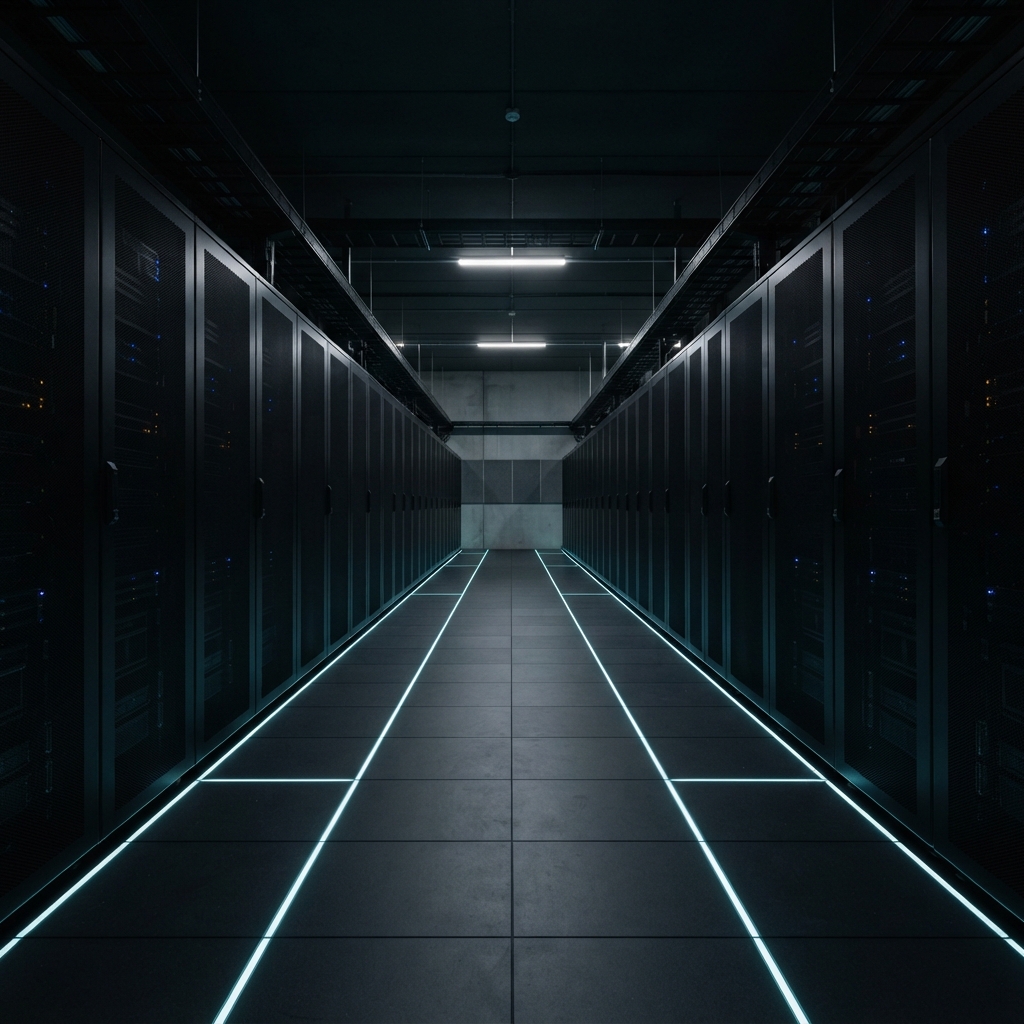 Symmetrical view of a clean minimalist server room
