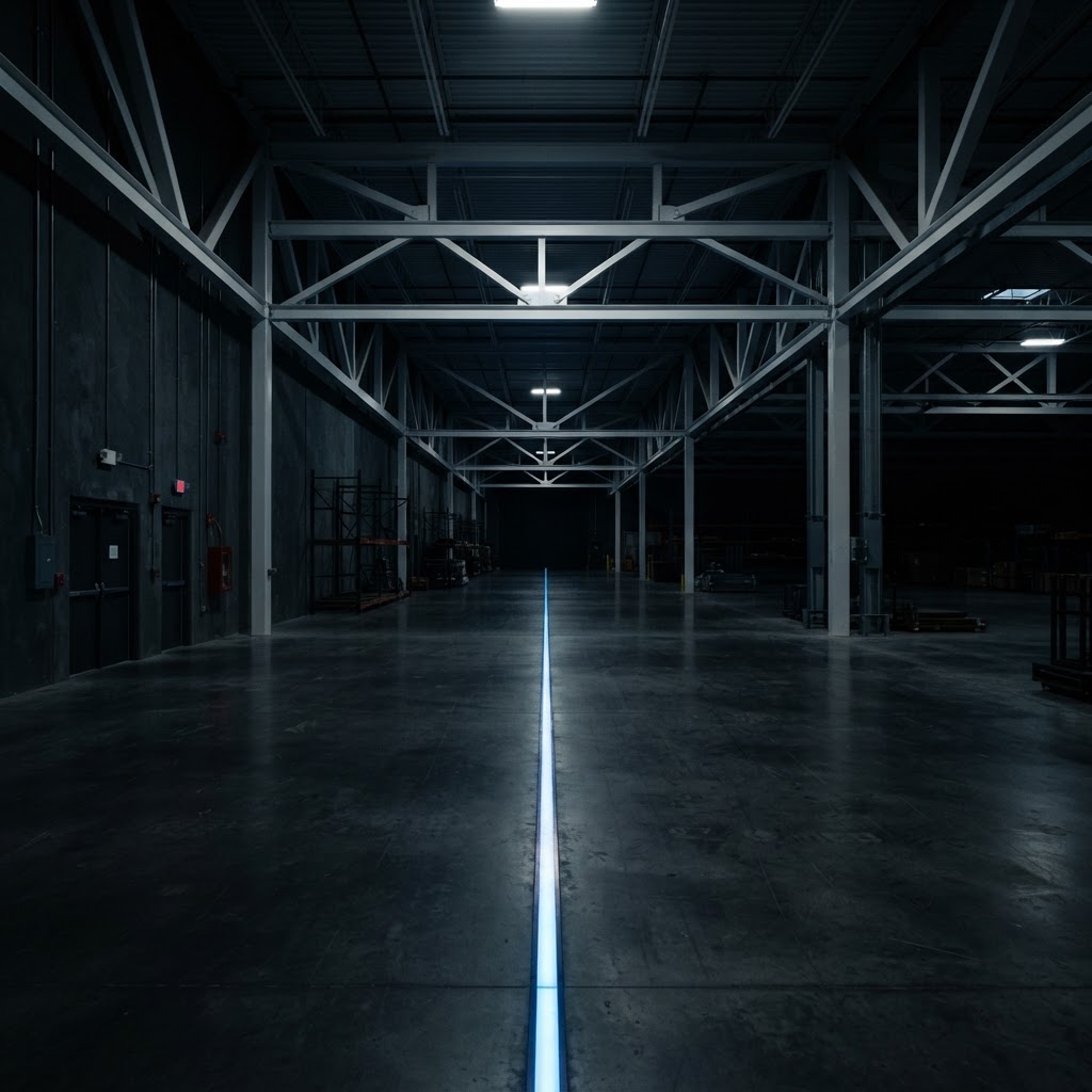 Empty industrial warehouse with blue light accent