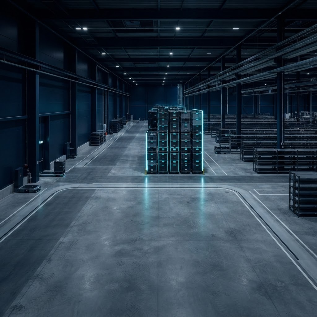 Minimalist logistics facility with modular storage