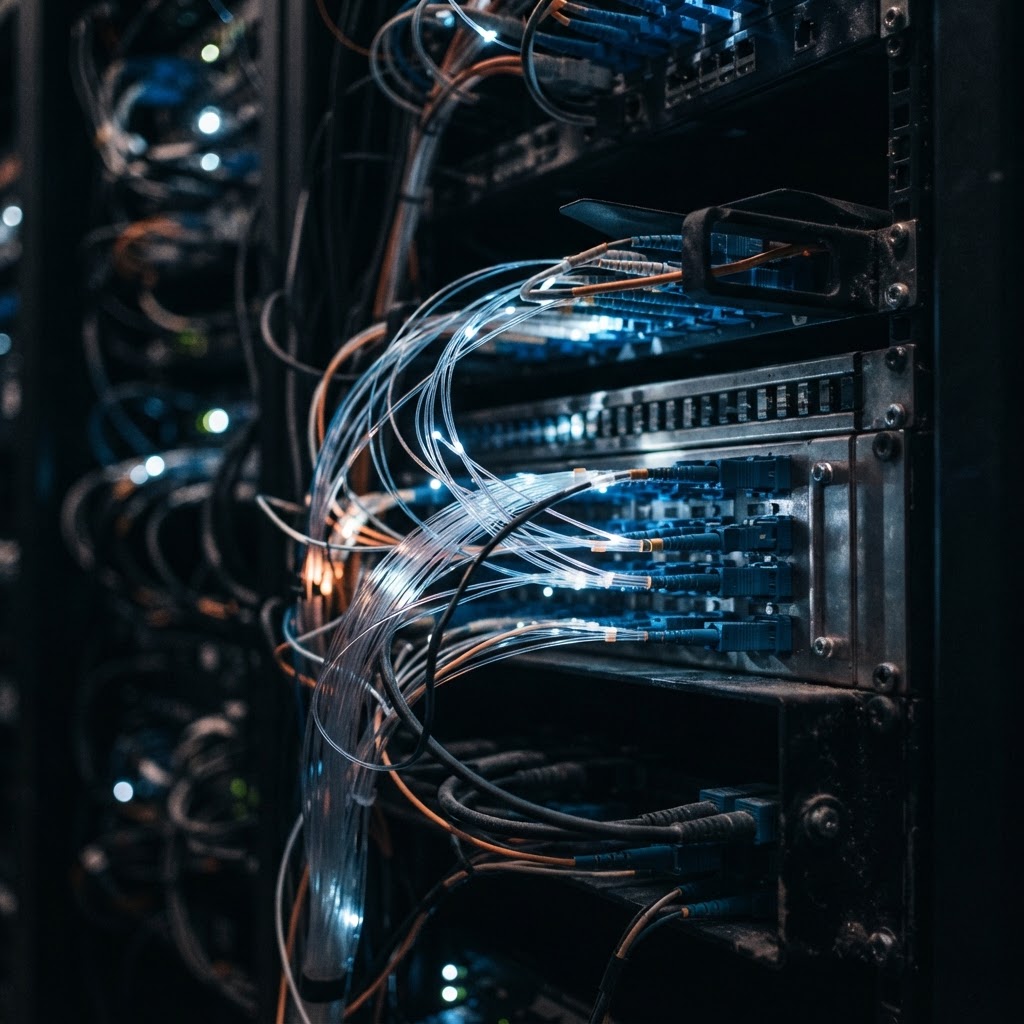 Interconnected fiber optic cables glowing in a dark environment