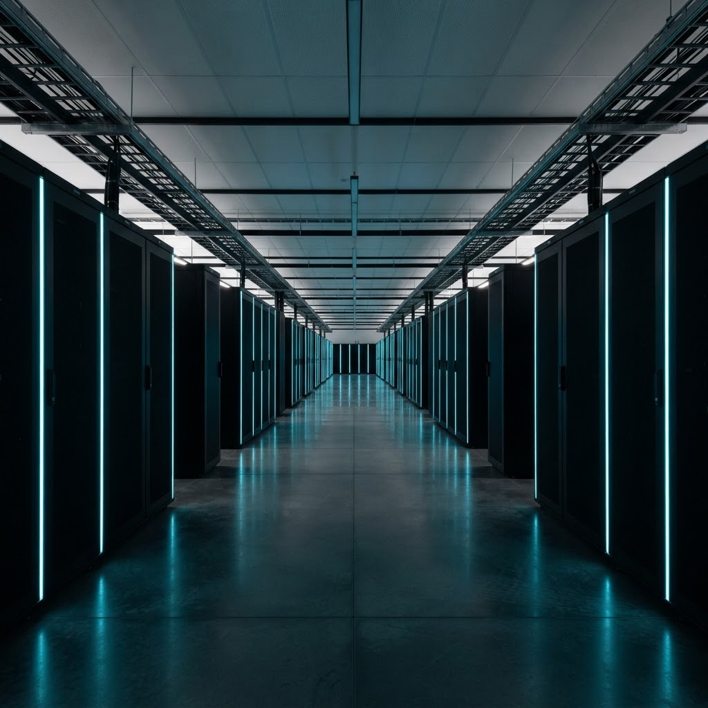 Modern professional facility with rows of dark server racks