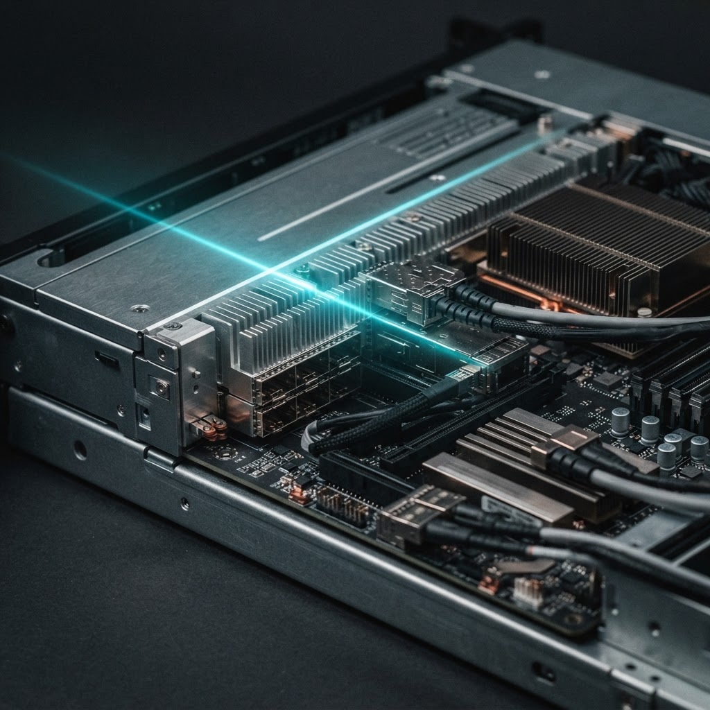 Sophisticated server hardware components with sharp cyan lighting