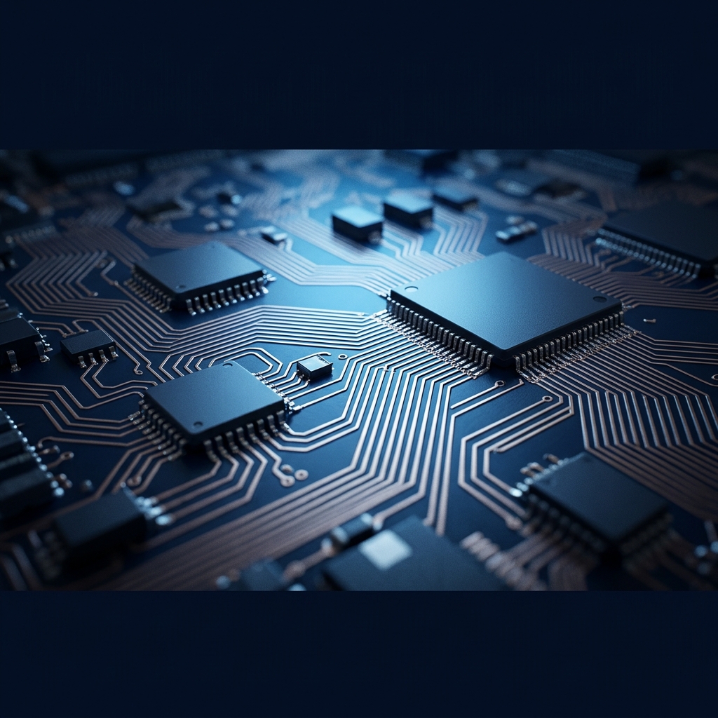 Circuit board pathways with blue accent lighting