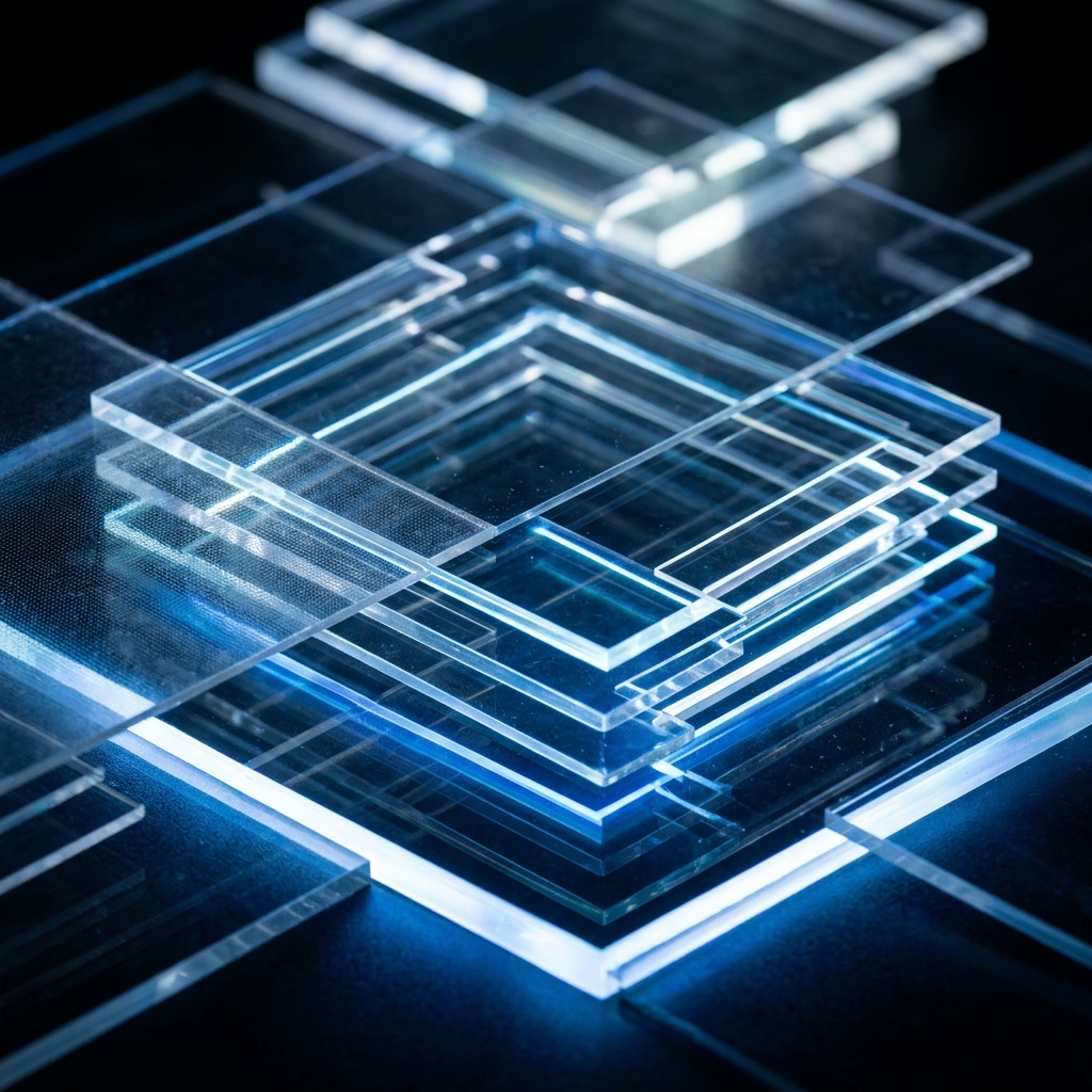 Layered transparent sheets with blue backlighting showing depth