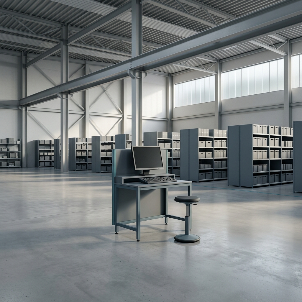 Minimalist warehouse with structured storage and control station
