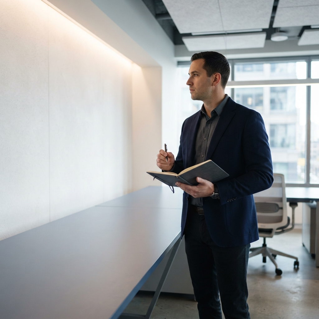 Engineer thinking in a modern, minimalist workspace