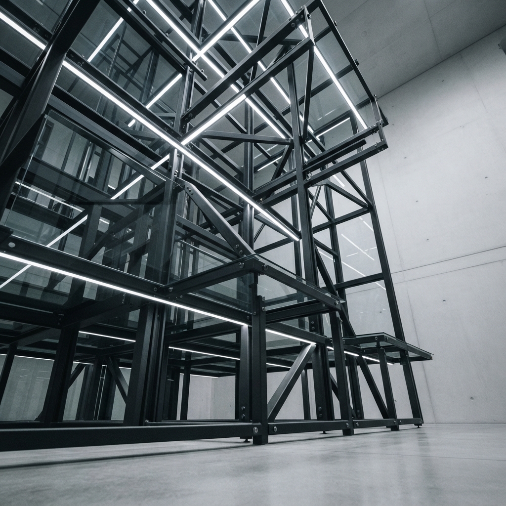 Minimalist architectural structures in a dark, professional setting