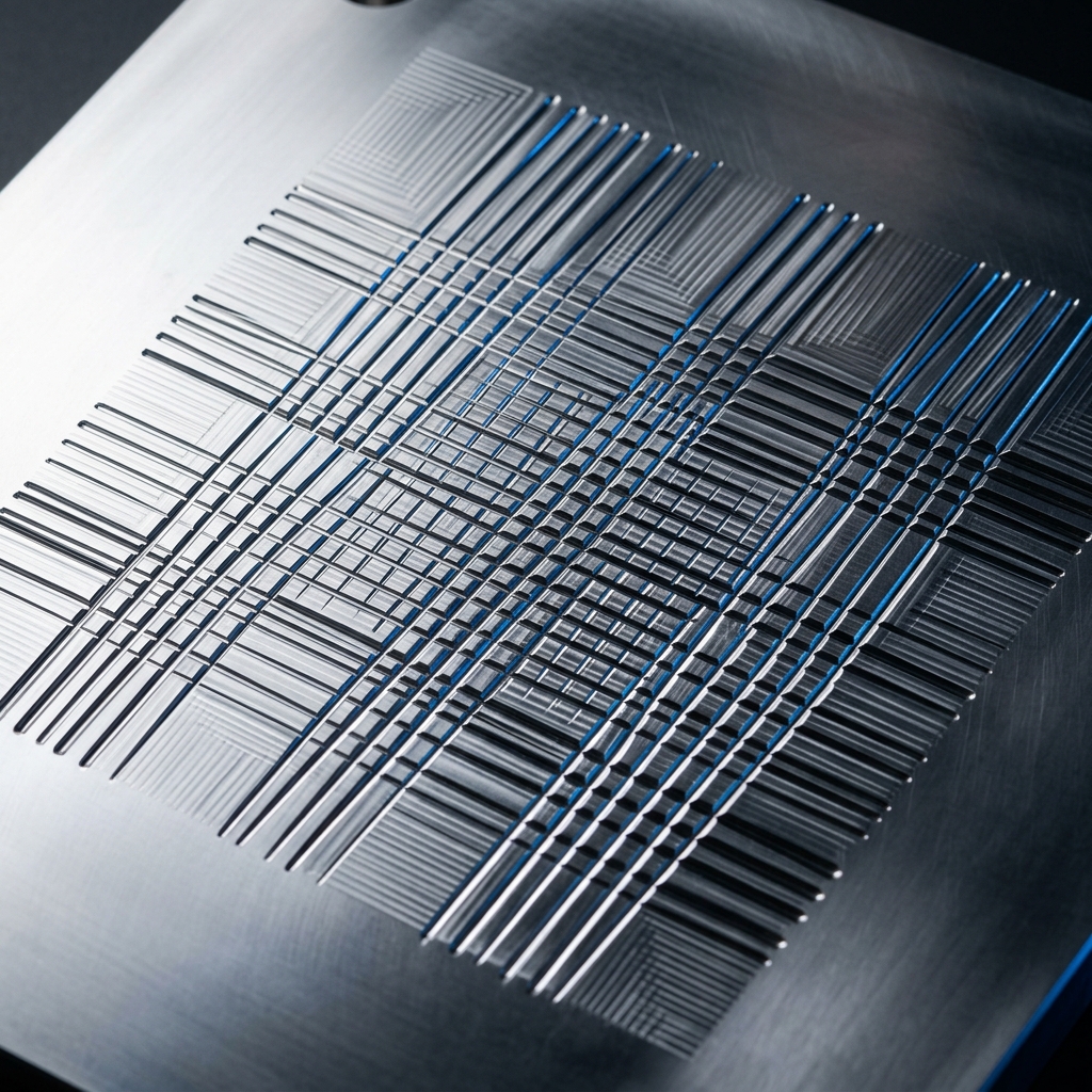 Polished metal surface with geometric grid detail